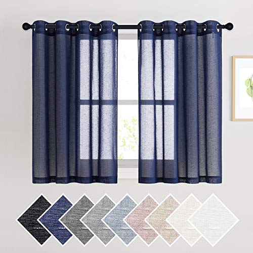 NICETOWN Dark Blue Flax Sheer Linen Curtains for Windows, Grommet Top 45" Length Natural Linen Blend Sheer Drapes Semitransparent Privacy Panels for Farmhouse/Bedroom, 52" Wide, Set of 2