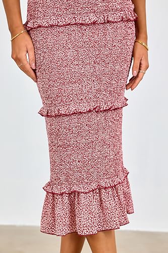 Image of dowerme Women Summer Casual Floral Midi Smocked Bodycon Dresses Spaghetti Strap Square Neck Ruffle Mermaid Prom Dress