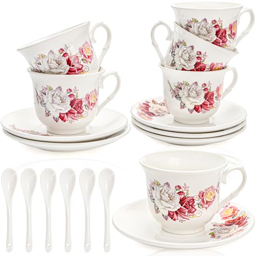 WRINGKIT Tea Cups and Saucers Set of 6, 8 Oz Porcelain Floral Tea Cups with Gold...