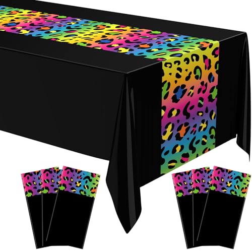 Image of Buryeah Leopard Print Tablecloth 54 x 108'' Leopard Plastic Table Cover Disposable Safari Animal Cheetah Print Party Decorations for Baby Shower Wedding Birthday Party Favors (Red Rainbow,6 Pcs)