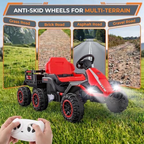 Image of Hikole 24V Ride on Toys Tractor for Kids 3+ w /Trailer, Electric Car, Red