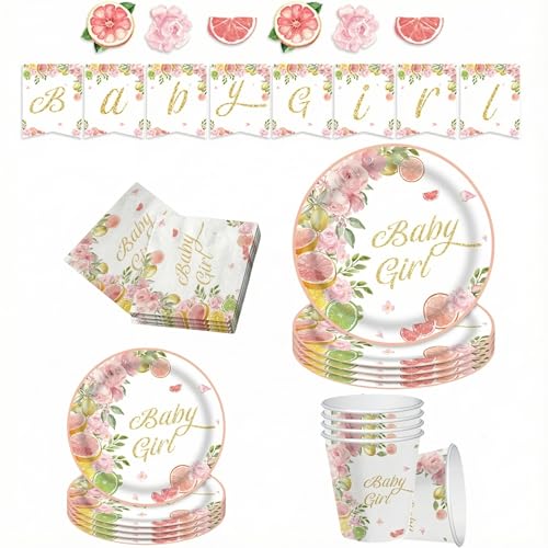 5-In-1 Baby Shower Decorations, Summer Baby Shower Decorations for Girl Parties, Including 9 In Plates, 7 In Plates, Paper Cups, Napkins & 1 Pc Banner