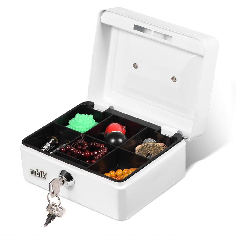 RubikSmall Cash Box with Tray and Lock Durable Portable Steel Money Box (15x12x7.5cm, White)
