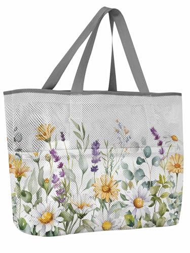 Mesh Beach Bag Oversized Tote Bags for Women Farm Daisy Flower on White Large Travel Pool Bags with 8 Pockets
