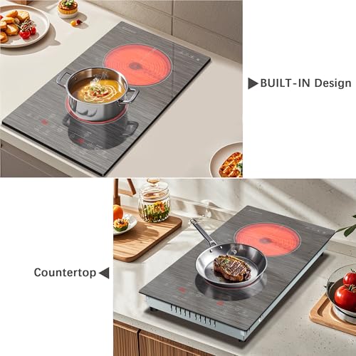 Image of Karinear 2 Burner Electric Cooktop 110V, 12 Inch Countertop & Built-in Electric Stove Top, Plug-in Ceramic Cooktop with Child Safety Lock, Timer, Pause, Smooth Glass Surface with Beautiful Pattern(B)
