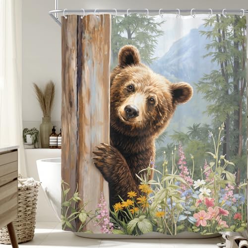 Riyidecor Funny Brown Bear Shower Curtain for Bathroom Decor 60Wx72H Rustic Retro Wooden Board Plank Farmhouse Floral Wildlife Hilarious Art Printed Fabric Polyester Waterproof 12 Pack Plastic Hooks