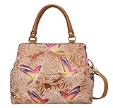 Anuschka Leder-Satchel, handbemalte Damentasche mit vielen Fächern - Tooled Birds Tan