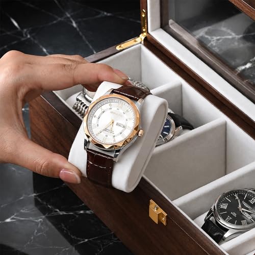 Image of Solid Black Walnut Watch Box, 6 Slot Wooden Watch Organizer with Glass Lid, High-End Watch Display Case Jewelry Storage Box, Gift for Husband, Dad, Birthday, Anniversary, Father's Day, Men and Women