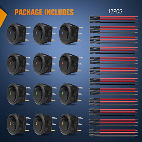 Image of Nilight 12pcs Rocker Toggle Switch 3Pins 12V 20A with 36pcs Wires
