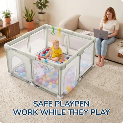Image of Foldable Baby Playpen, 50 inchx50 inch, Beige | 1-Minute Setup, Lightweight Portable, Carry Bag Included, Indoor Outdoor Use, For Babies & Toddlers