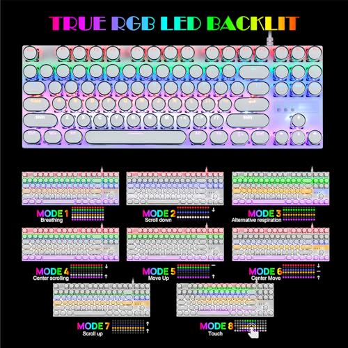 KOLMAX Typewriter Style Mechanical Gaming Keyboard,White Retro Punk Gaming Keyboard with RGB Backlit,87 Keys Blue Switch Wired Cute Keyboard,Retro Punk Round Keycaps for Game Office/Win/Mac/PC