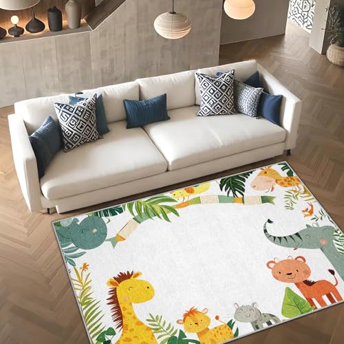 Cartoon Kids Door Mat 2x3 Jungle Safari Zoo Throw Rug for Entryway, Animal Prints Washable Area Rug for Bedroom Living Room, Indoor Non Slip Floor Mats
