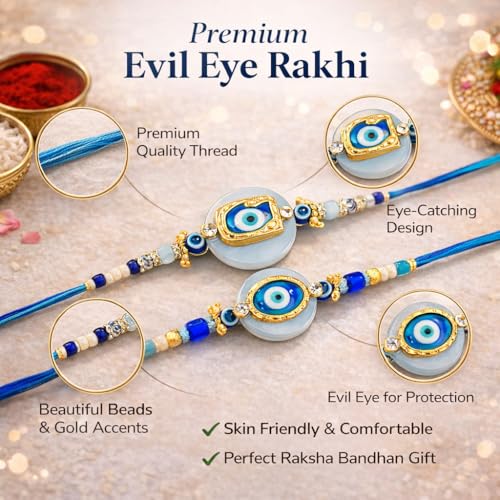 Image of CraftVatika Evil Eye Rakhi Set of 2 for Brother Boy Men, Premium Rakhi for Bhaiya Brother, Designer Rakhis for Rakshabandhan Traditional Raki with Best Wishes and Tillak Set, Rakies for Rakshabandhan