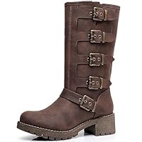 GLOBALWIN Chunky Mid Calf Fashion Dressy Motocycle Biker Military Style Combat Boots for Women Low Heel, 23yy11 Brown, 6 UK