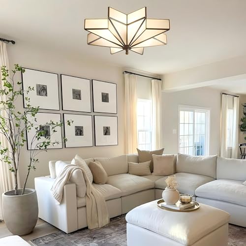 Image of LIGHTLAND 19.7 Inch Flush Mount Star Ceiling Light, 4 Lights Brass Ceiling Lamp with Glass Lampshade, Art Deco Close to Ceiling Light Fixtures for Bedroom Living Room Entryway Hallway, Bronze Color