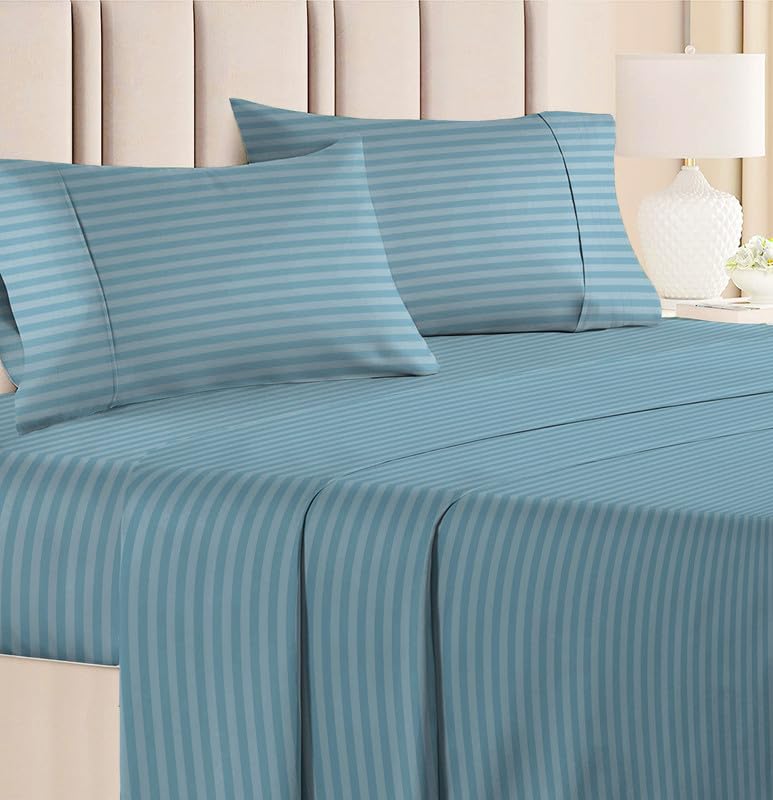 HOMEKART 210 TC Glace Cotton Solid Satin Striped Plain Bedsheet King Size for Double Bed with Two Pillow Covers for Home-Hotels-Guest House-(90 x 90 Inch) Sky Blue-picture-11