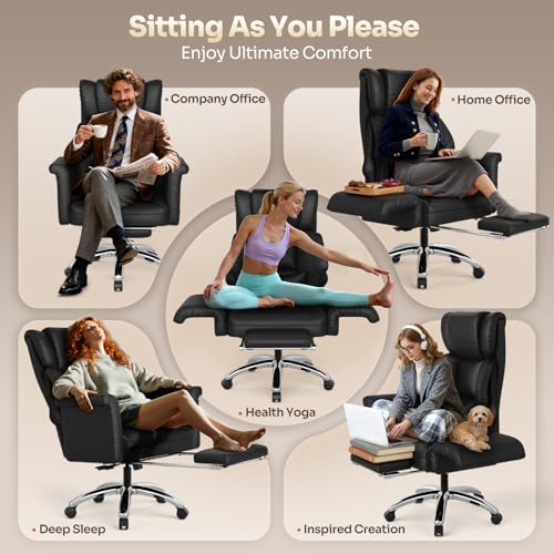 Image of Ergonomic Office Chair with Footrest, Criss Cross Legged Desk Chair with Flip-Up Arms, Wider Thicker Spring Seat, Lumbar Pillow, Pet-Friendly, 500LBS Big and Tall Heavy-Duty Executive Leather Chair