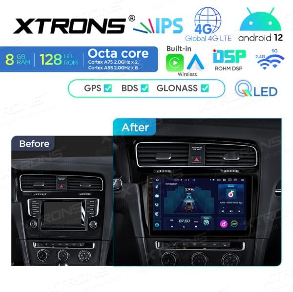 Comparison image showing a Volkswagen Golf 7 dashboard with the original car stereo (Before) and the XTRONS IXP12GFVL unit installed (After).