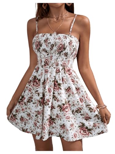 Image of Floerns Women's Boho Floral Print Sleeveless Sundress Ruched Bust Flare Hem Vacation Cami Short Dress