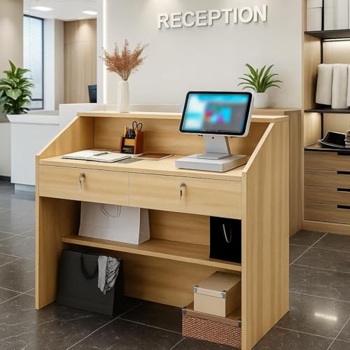Image of TEKAVO Jupiter Reception Table for Store, Shop & Gym 100 Cm Long | Front Checkout Counter with Lock Drawers & Open Shelf | Cash Counter Table | Light Brown Wood | 100 x 45 x 92 CM | DIY Assembly