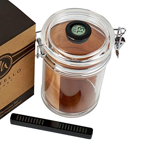 Mantello Acrylic Humidor Jar - 18-Cigar Case with Digital Hygrometer, Airtight Sealed Lid & Rectangle Humidifier for Humidity Control - Clear Container with Spanish Cedar Wood Lining