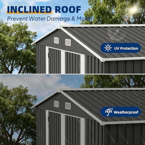 Image of UDPATIO 10X8 FT Outdoor Storage Shed, Metal Shed for Patio&Garden,Grey | All-Weather,Sloping Roof,Lockable Door,Air Vent,Upgraded Full-Frame Structure,Patio,Lawn,Garden,Backyard,Bicycle,Tool,Bicycle