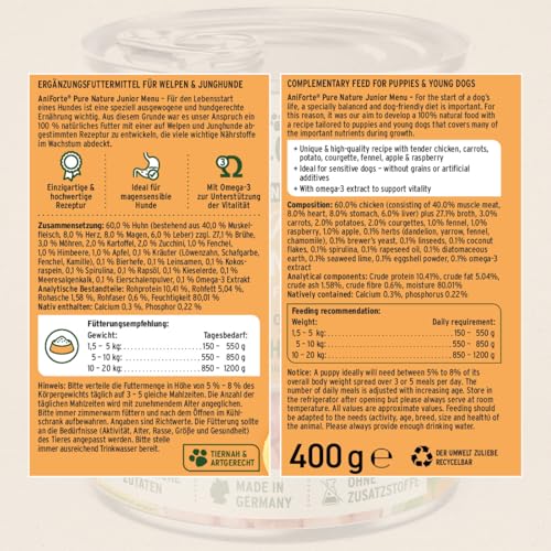 AniForte Hundefutter Nass Junior Huhn 6 x 400g – Natürliches Nassfutter für Welpen & Junghunde, hoher Fleischanteil, Premium Welpennassfutter getreidefrei