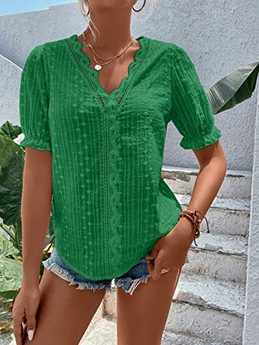 Makemechic Women's Eyelet Embroidered Lace Trim Puff Sleeve V Neck Blouse Shirt Top Green Xl #TOP2
