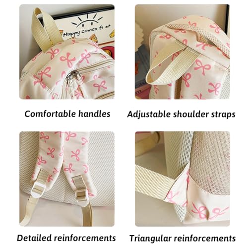Coquette Bow Backpack For Girls,Nylon Cute Kawaii Backpack with Bows,Preppy Backpacks For Girls,Large Capacity 3Pcs (Rose Red)4