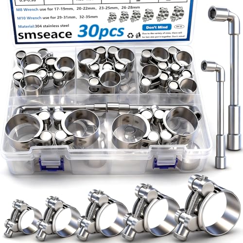 smseace 30Pcs 17-35mm T-bolt Hose Clamps 304 Stainless Steel 6-sizes Heavy Duty T bolt Hose Clamps with M8 and M10 Socket Wrenches