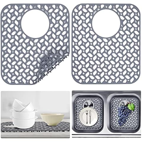 JUSTOGO Silicone Sink Protector, Rear Drain Kitchen Sink Mats Grid Accessory,2 PCS Folding Non-slip Sink Mat for Bottom of Farmhouse Stainless Steel Porcelain Sink (Grey,13.58 ''x 11.6 '') Cover