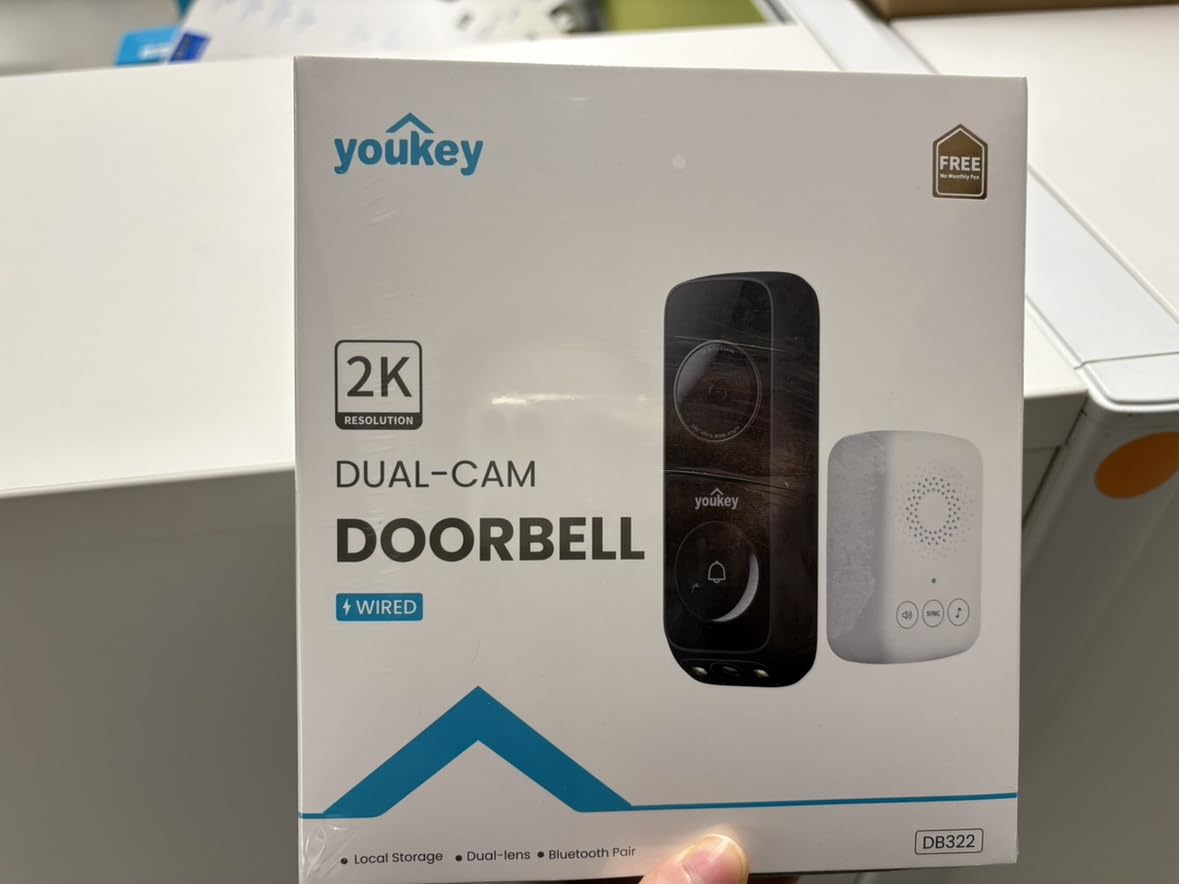 youkey Sonnette vidéo sans fil à double caméra — Vue de la tête aux pieds, sonnette de batterie FHD 2K avec stockage local sans frais mensuels, détection de colis, WiFi 5 GHz, compatible avec Alexa et