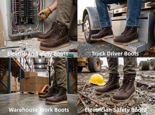 TINLIMHOM Moc Toe Work Boots for Men Soft Toe，Water Resistant Full Grain Leather Upper, Non-Slip Wedge Outsole Construction Work boots Size 10 M(Soft Toe Brown, Adult, Men, 10, Numeric, US Footwear Size System, Medium) - image 7