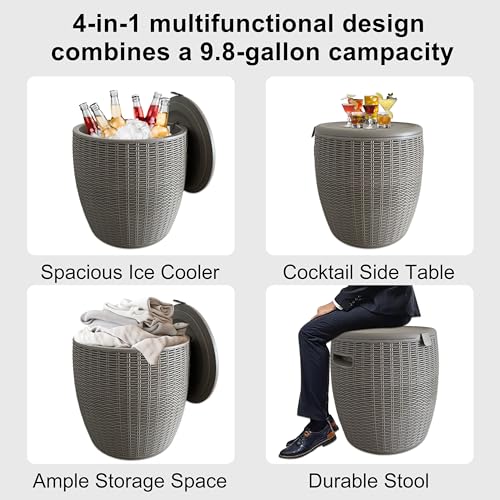 Rattan Outdoor Storage Stool, Outdoor Furniture, 37L, Ice Cooler, Wicker Round Ice Chest, Outdoor Patio Bar Table, Beverage Bucket with Drain Plug for Poolside, Deck, Party, and BBQ - Image 6