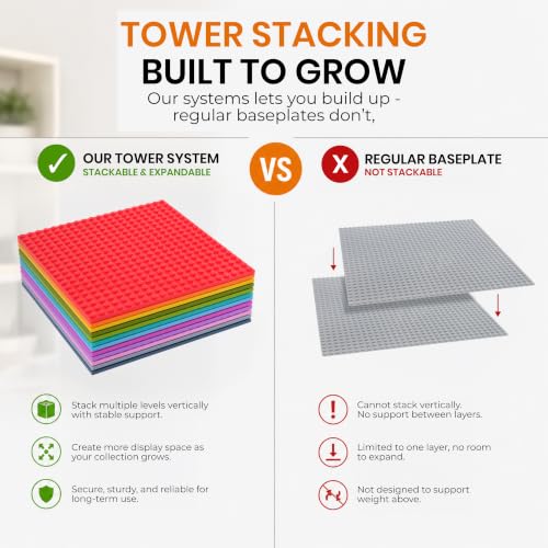 Image of Strictly Briks Stackable Baseplates - 12 Pack 10 inchx10 inch, 32x32 Studs, Compatible with Lego for Building City Scenes, Foundation, Displays Bricks on Play Table, Kids Gift, Vibrant