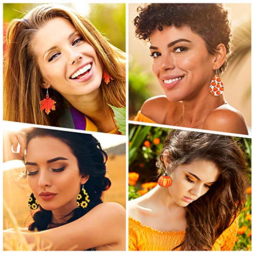 Hicarer 16 Pairs Thanksgiving Fall Faux Leather Earrings for Women Thanksgiving Autumn Earrings Jewelry Pumpkin Turkey Maple Leaf Sunflower Teardrop Lightweight Dangle for Halloween(Cute Style)3