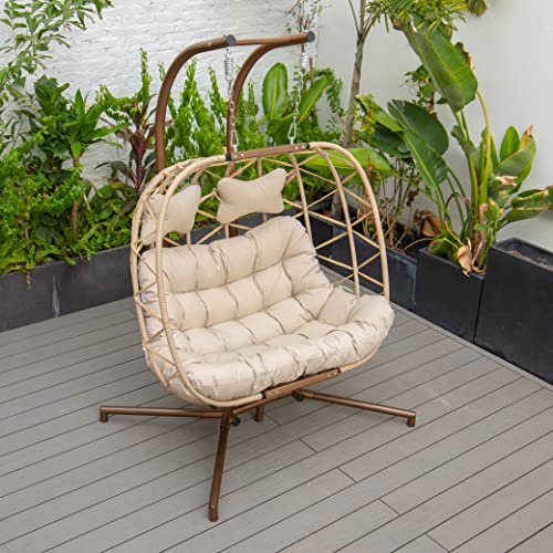 Bulexyard Outdoor Double Swing Egg Chair With Stand For Bedroom, Indoor 2 Person Hanging Chair Foldable Twins Patio Chair, Large Hand-Woven Wicker Garden Loveseat Hammock Chair W/Cream Thick Cushion #TOP7