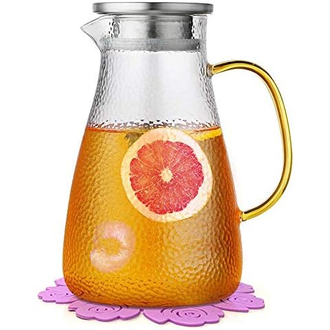 Water Jug,BOQO Glass Jug with Lid,Glass Water Jar and Stainless Steel Lid and Coaster,Juice Pitcher(50 Ounce/1.5 Liter) Cover
