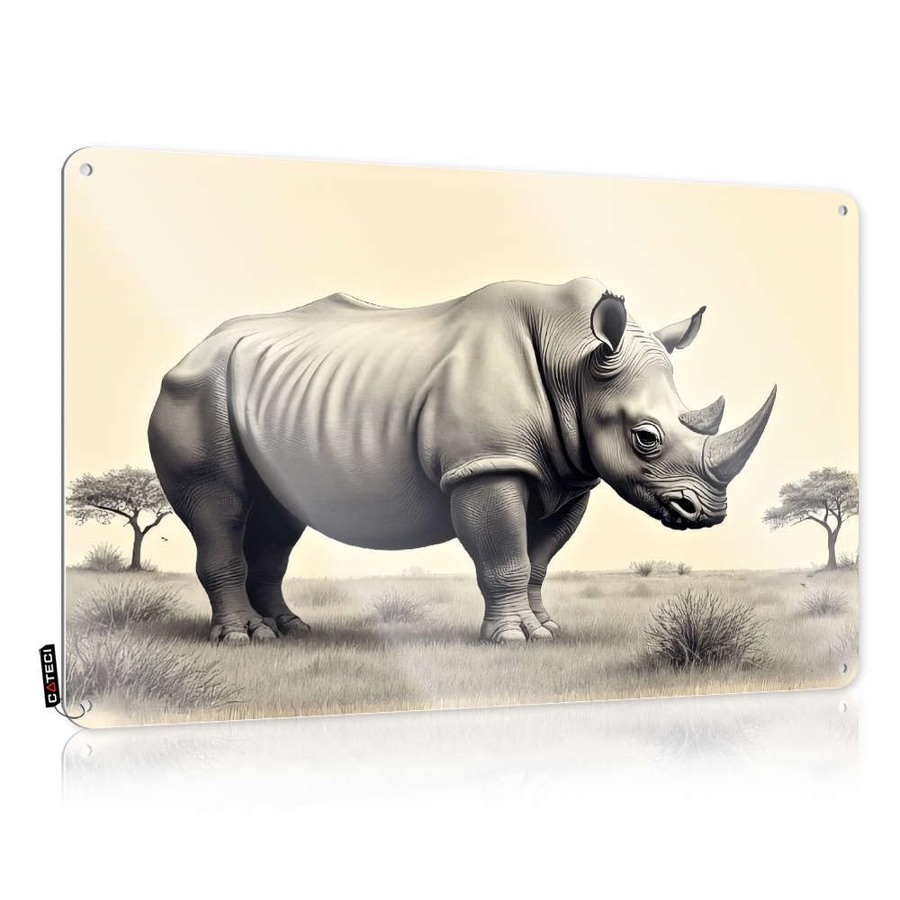 Sujd Colour Cool Wall Art Boho Vintage Wall Art, Tin Retro Custom Tin Sign For Home Bar | 8X12 Inch A Rhinoceros Stands In A Grassy Savanna. Perfect For Slow Decor(30X40cm)