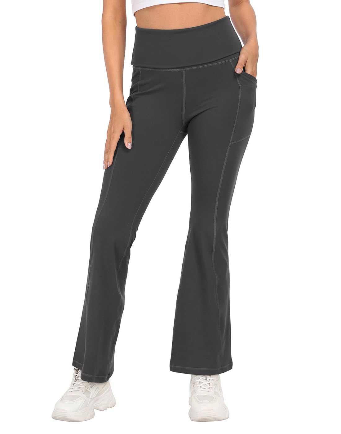 HDE Women's Fold Over Yoga Pants with Pockets High Waist Flare Workout Leggings