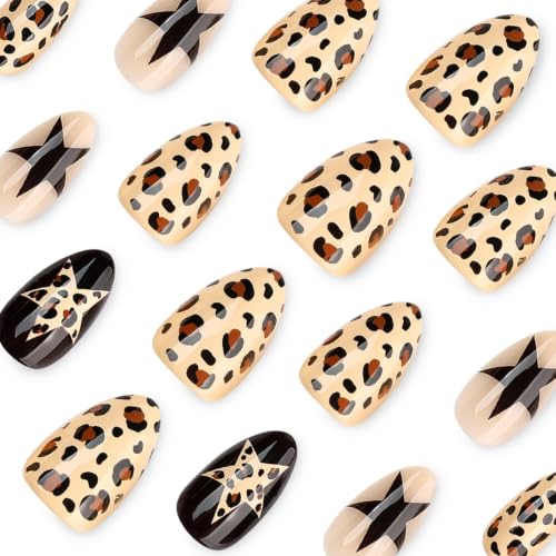Image of Leopard Print Press on Nails Medium Almond Tortoise Shell Amber Fake Nails
