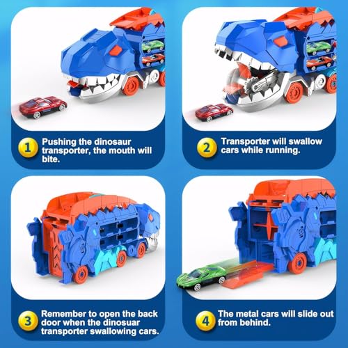 Image of PLUSPOINT Big Dinosaur Track Toy, with Foldable Sliding Race Track,Transformable Into Standing Dinosaur Transporter City with 6 car Toddler Toys Gifts for Kids Ages 3+Years Old