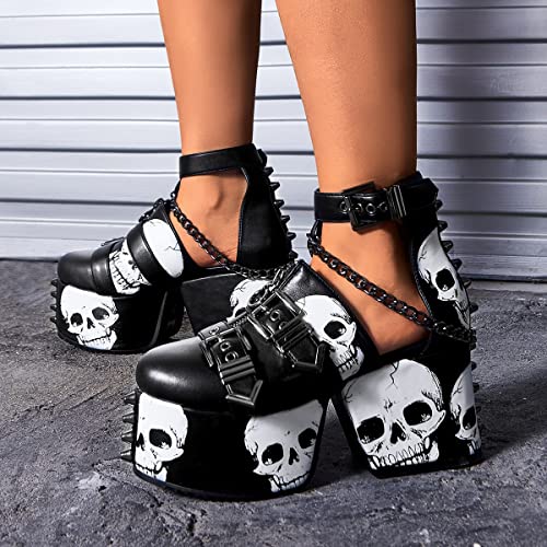 DETOGNI Women's Skull Design Silver Spiked Studs Chunky Platform Black Wedges Shoes Punk Gothic Hanging Chains Adjustable Strap With Buckles And Eyelets Block Heel Boots4