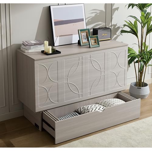 ZEIINPA Queen Size Murphy Bed with Charging Station & Drawer, Wood Murphy Cabinet Bed with Tri-Folding Mattress, Space-Saving Guest Folding Bed for Bedroom Living Room-Grey