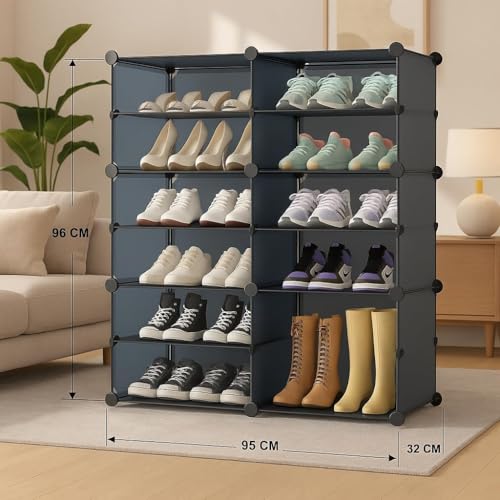 Image of Strassis Design Plastic Shoe Rack for Home | 12 Shelf DIY Shoe Rack with Door Magnets for Home Storage Plastic Box Organizer, Metal Door Frame, Chappal Slipper Sandals Stand (Grey, 6 Door)