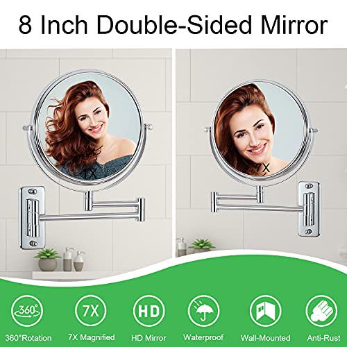 Lansi Wall Mounted Makeup Mirror, 7X/1X Double-Sided Magnifying Mirror, 360° Extendable Arm Wall Mirror, 8 Inch Bathroom Mirror For Makeup Or Shaving Chrome Finish #TOP4
