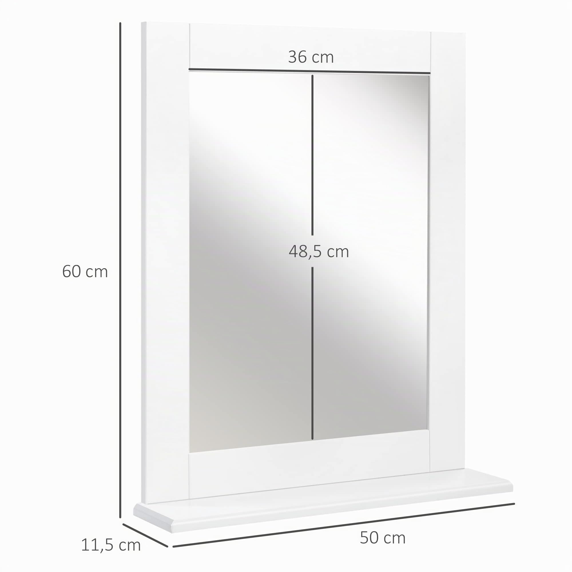 kleankin Espejo de Baño 50x11,5x60 cm Espejo de Pared con Estante Blanco | Moderno, Estante de Almacenaje, Marco de Madera, para Dormitorio, para Aseo