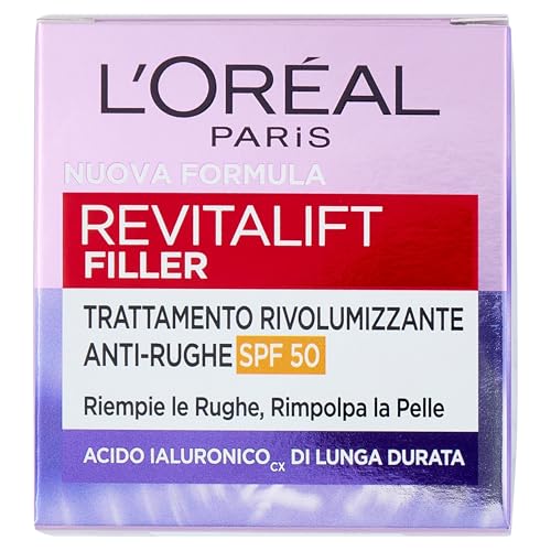 L'Oréal Paris Crema Viso Giorno Revitalift Filler SPF50, Per Tutti i Tipi di Pelle, Azione Anti-Rughe Rivolumizzante, Pelle Rimpolpata a Lungo, Con Acido Ialuronico, 50 ml