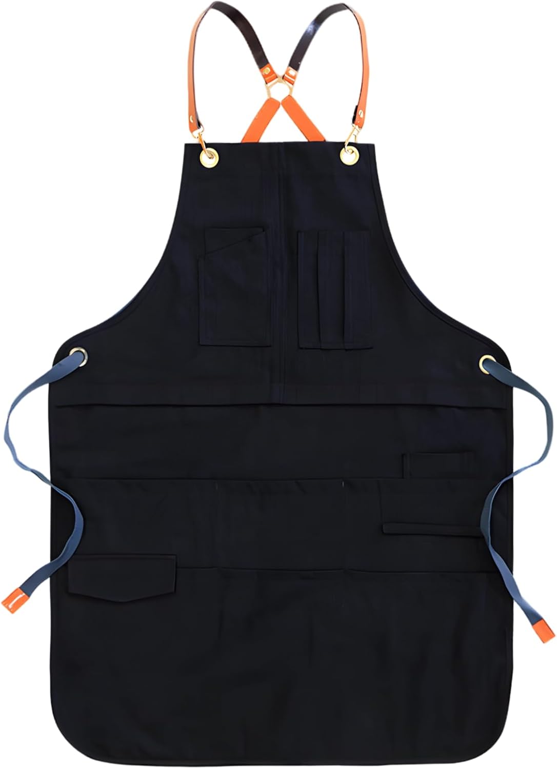 Black Cotton Denim Apron, Cross Back Straps Adjustable Chef Apron With Pockets For Kitchen Restaurant Cafe