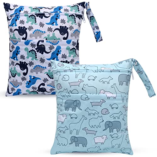 Image of eaxin Waterproof Wet Dry Bag 2-Pack - Beach Swimming Travel Organizer for Baby Cloth Diapers, Swimwear & Gym Clothes, Leak-Proof with Dual Zippers-Cute Animal,Dinosaur